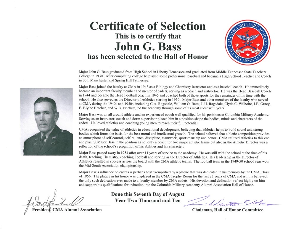 Hall of Honor certificate for John G. Bass