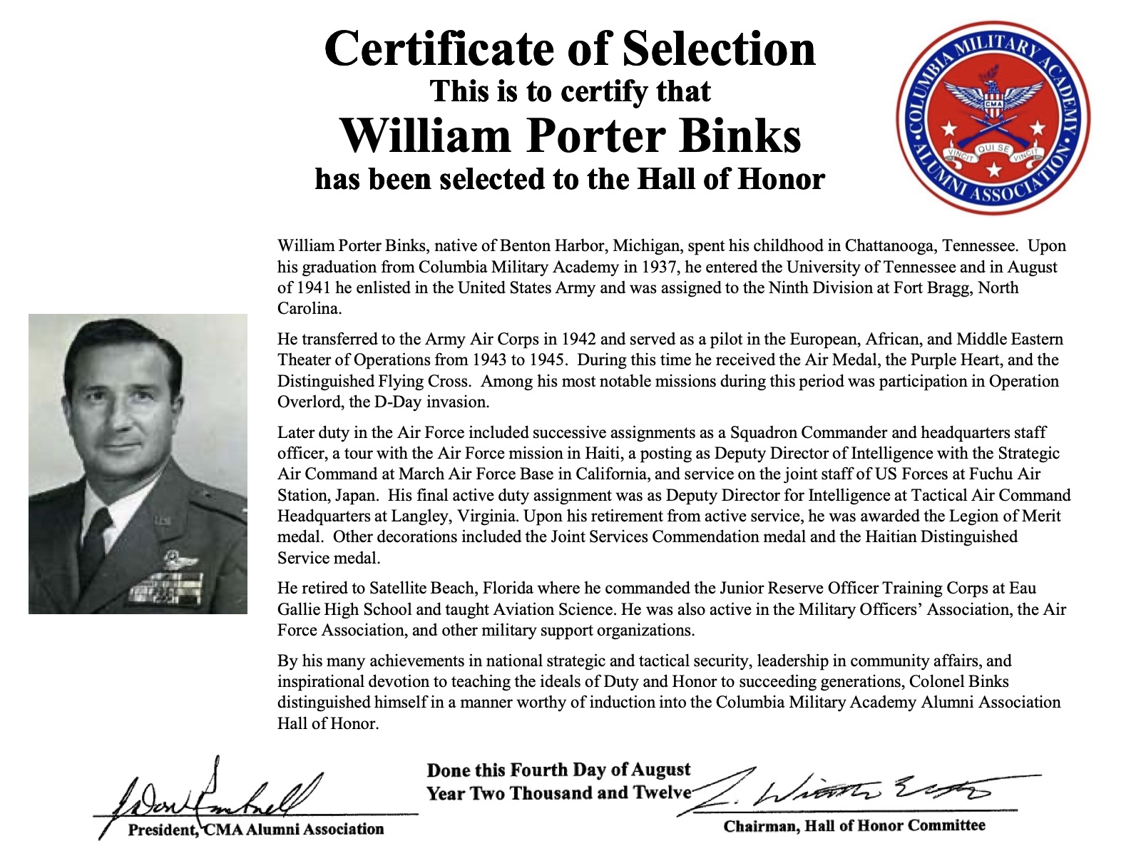 Hall of Honor certificate for William Porter Binks
