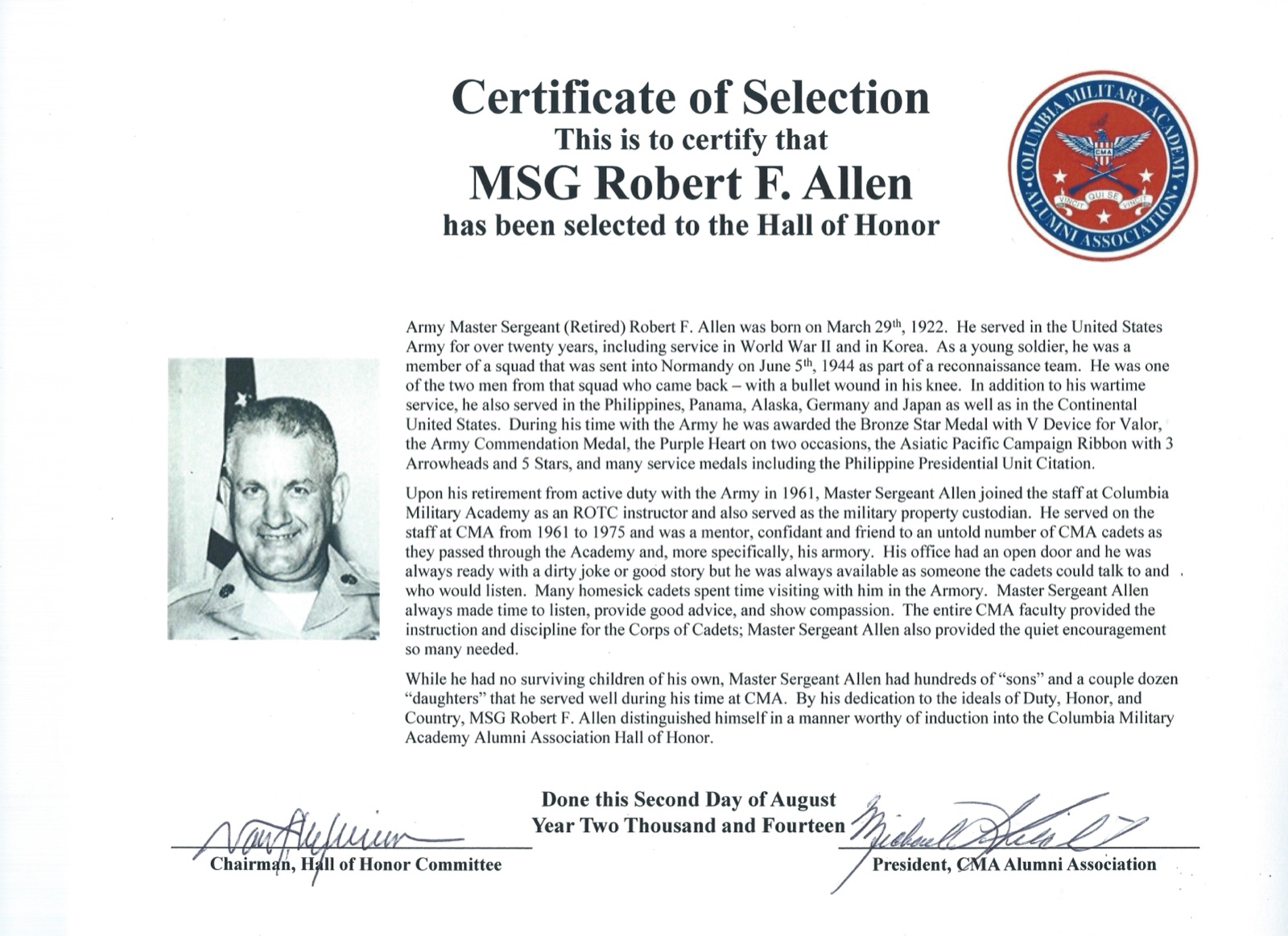 Hall of Honor certificate for MSG Robert F. Allen