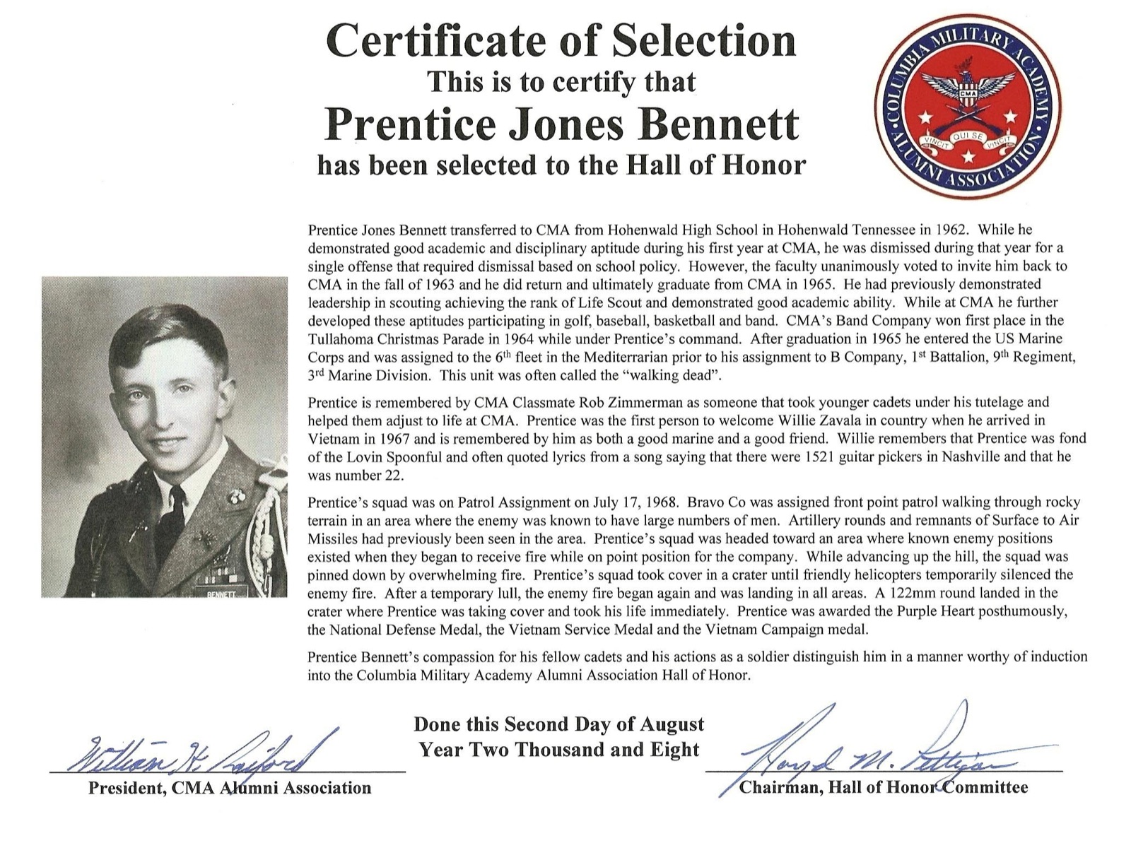 Hall of Honor certificate for Prentice Jones Bennett