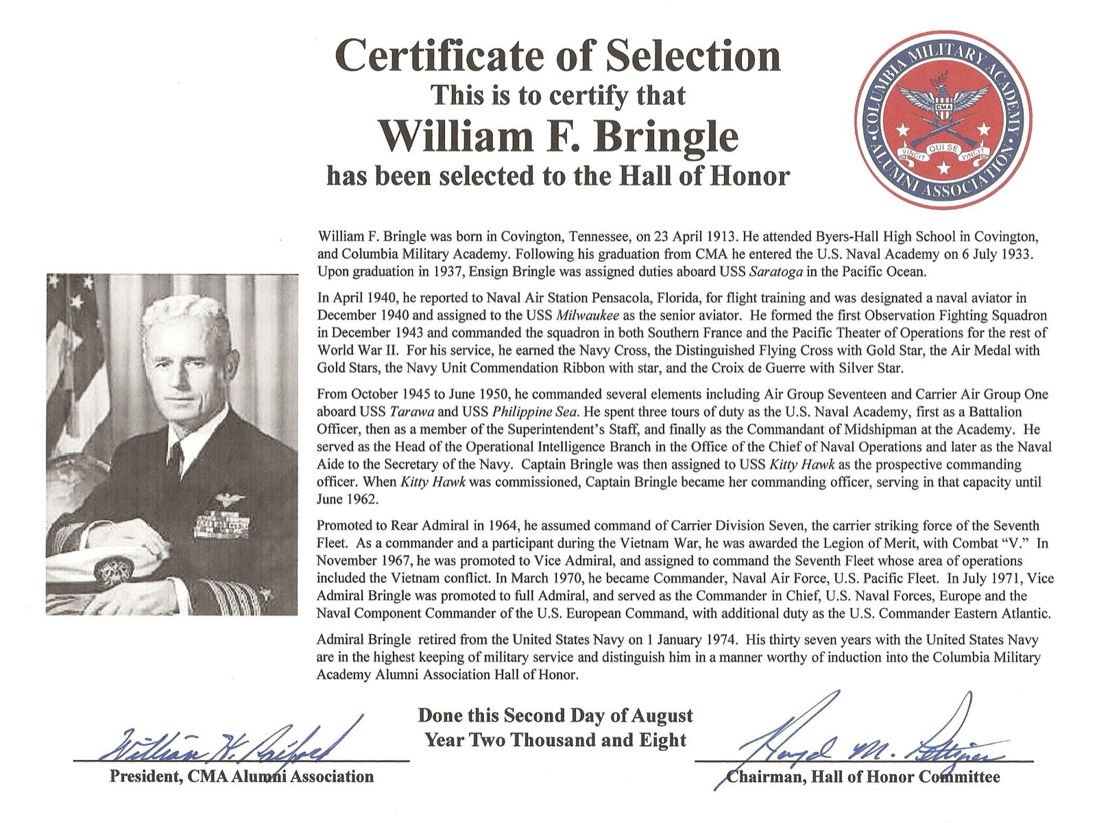 Hall of Honor certificate for William F. Bringle