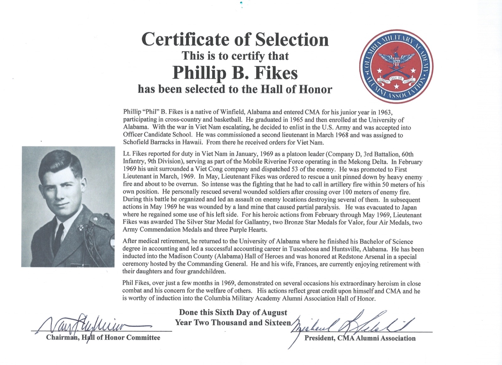Hall of Honor certificate for Phillip B. Fikes