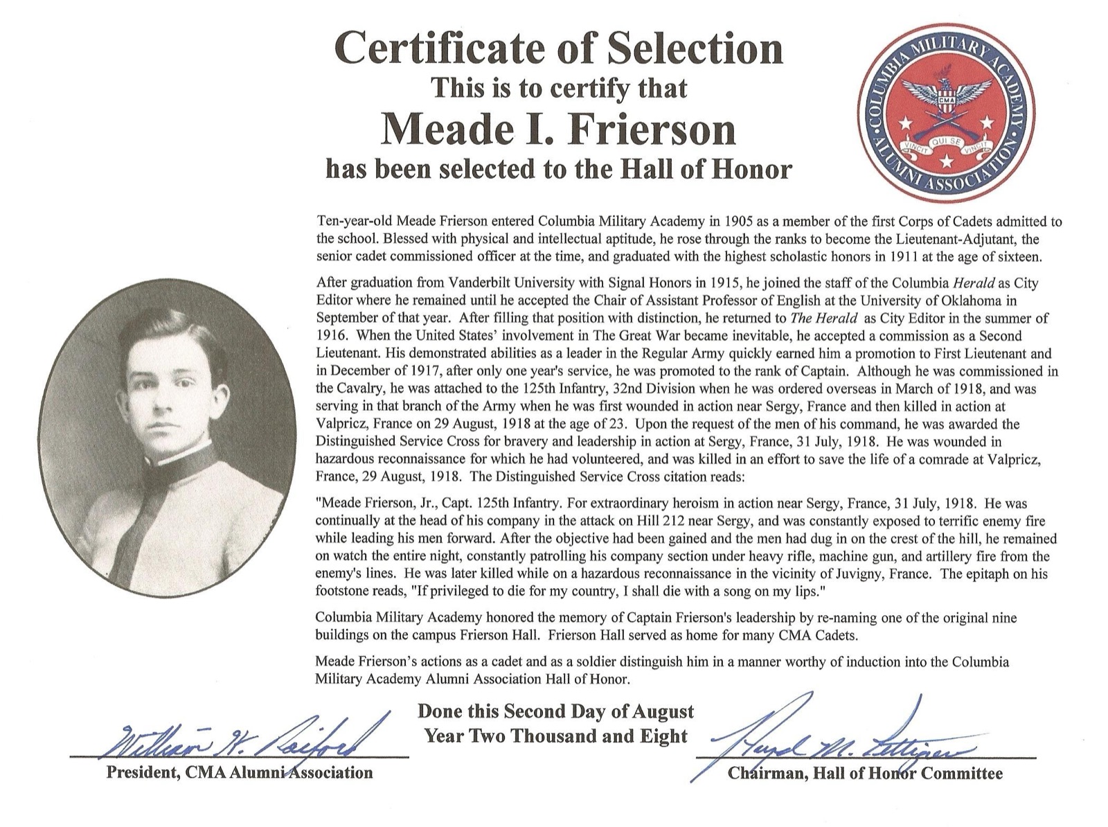 Hall of Honor certificate for Meade I. Frierson