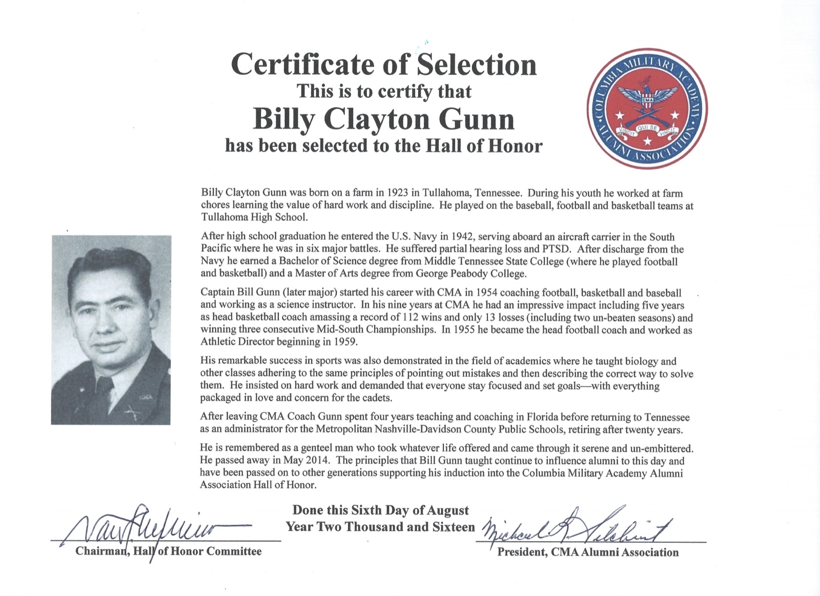 Hall of Honor certificate for Billy Clayton Gunn