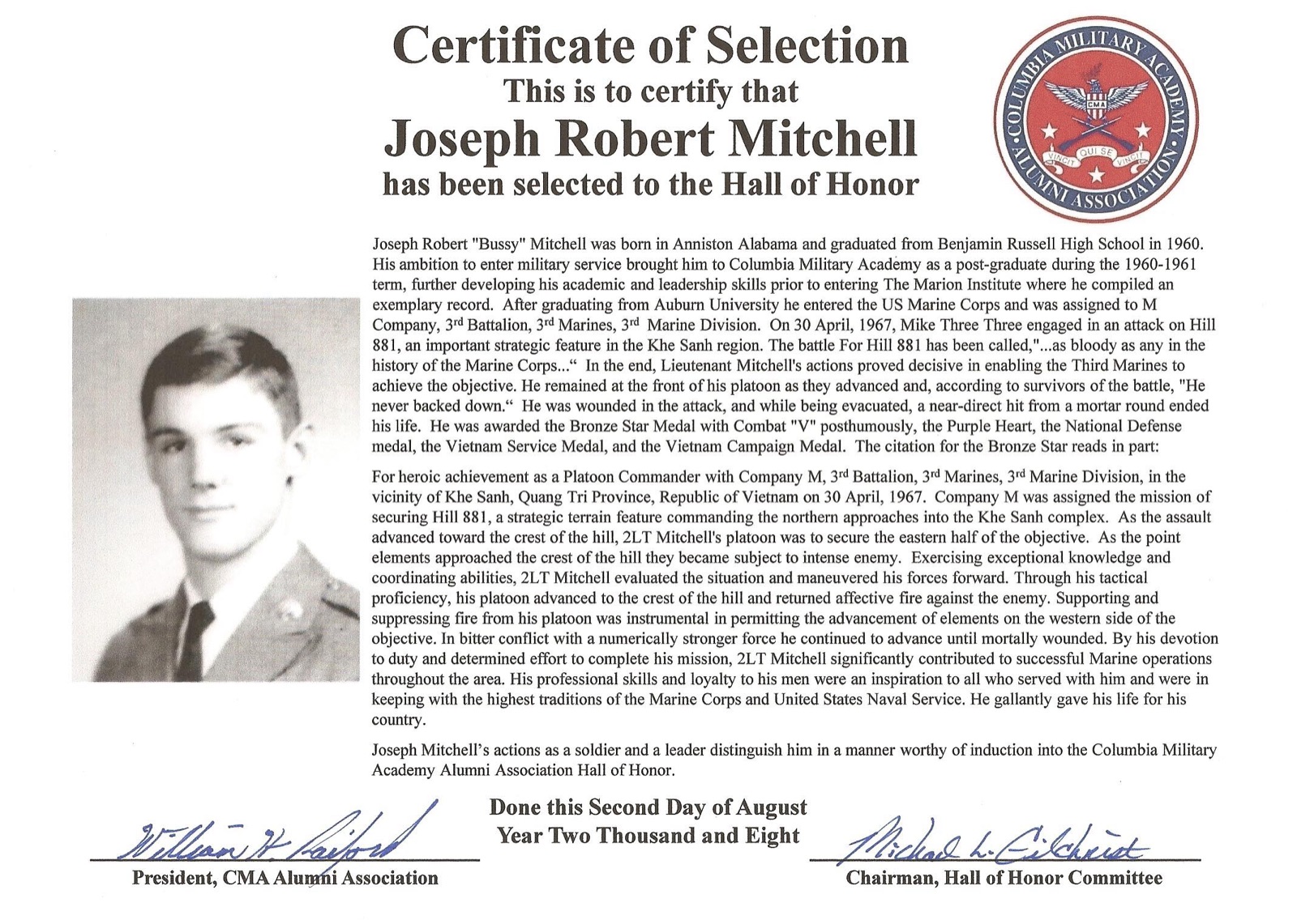 Hall of Honor certificate for Joseph Robert Mitchell
