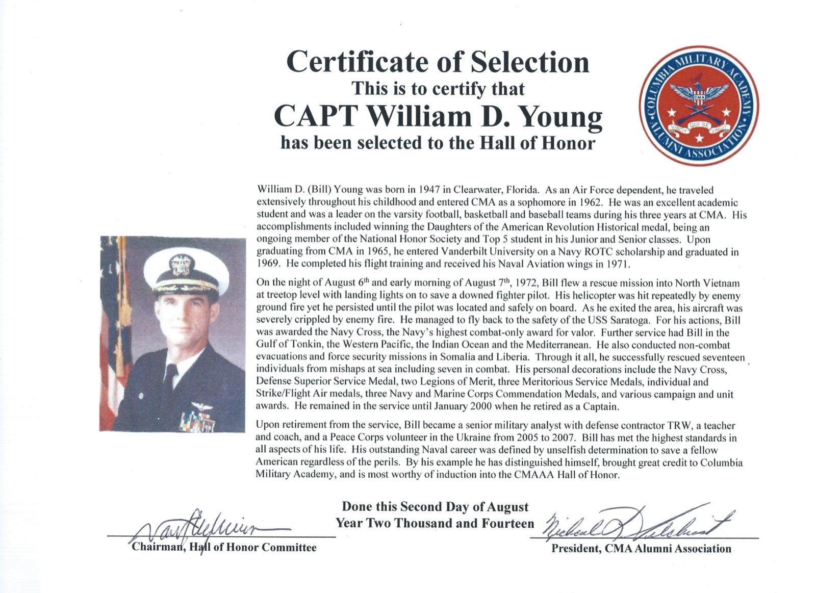 Hall of Honor certificate for Capt. William D. Young