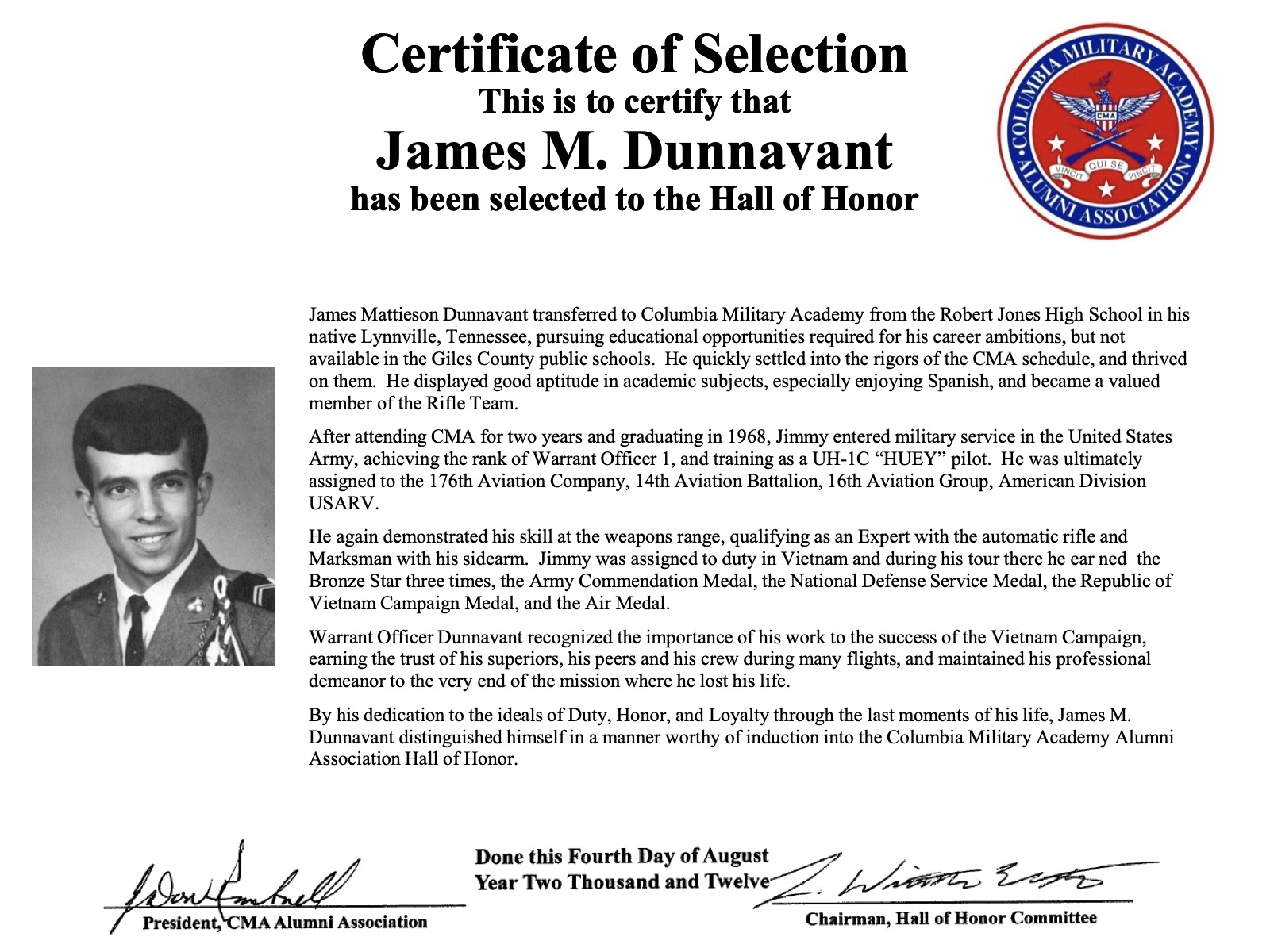 Hall of Honor certificate for James M. Dunnavant
