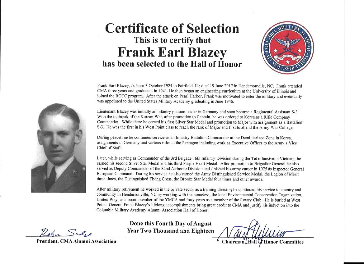Hall of Honor certificate for Frank Earl Blazey