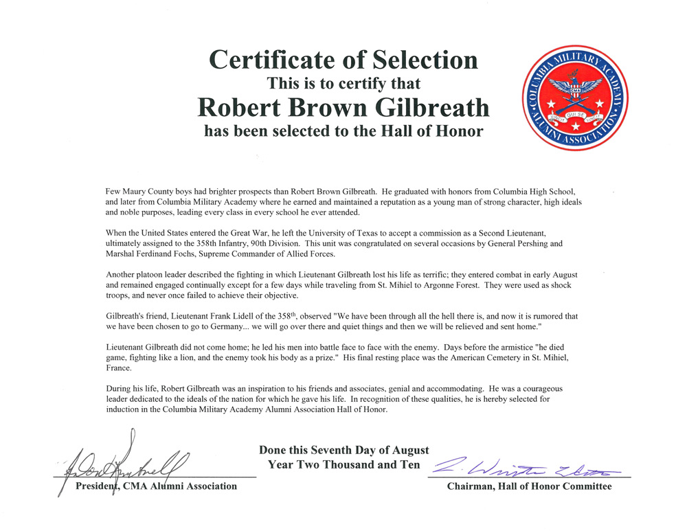 Hall of Honor certificate for Robert Brown Gilbreath