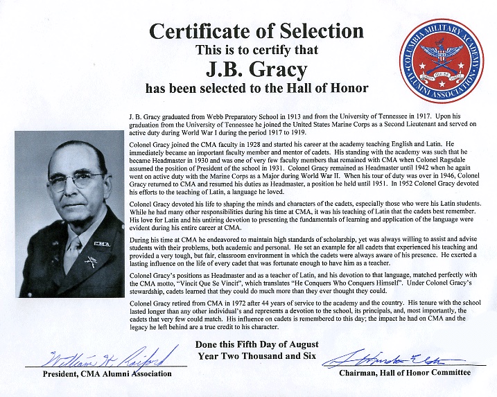 Hall of Honor certificate for Col. J.B. Gracy
