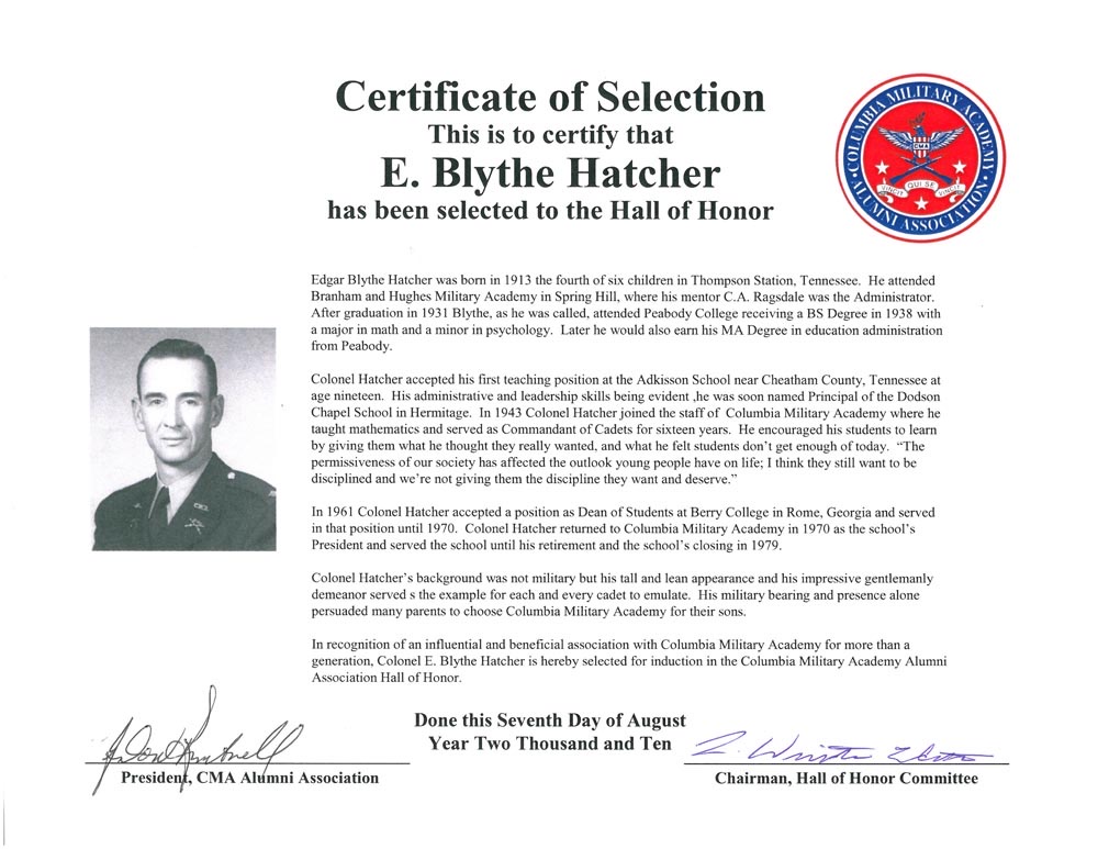 Hall of Honor certificate for E. Blythe Hatcher