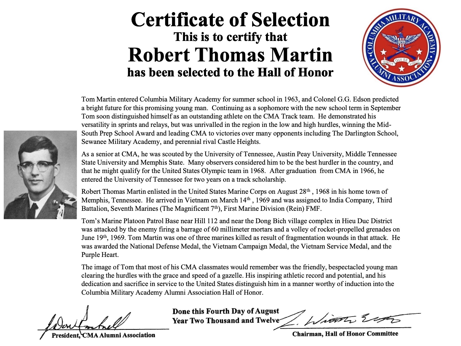 Hall of Honor certificate for Robert Thomas Martin