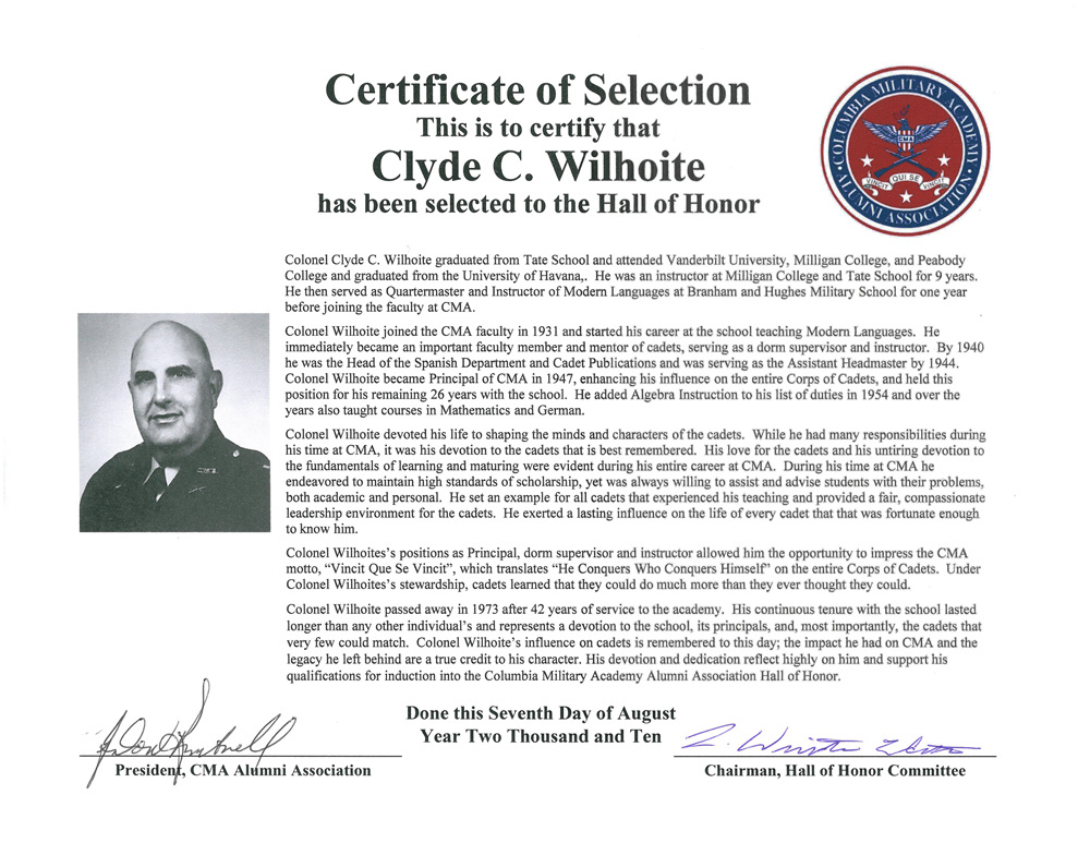 Hall of Honor certificate for Clyde C. Wilhoite